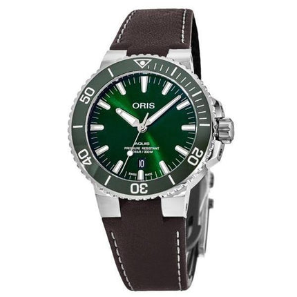 Oris Aquis Date Lederarmband, grünes Zifferblatt, Automatik-Taucheruhr 01 733 7732 4157-07 5 21 10FC 300M Herrenuhr