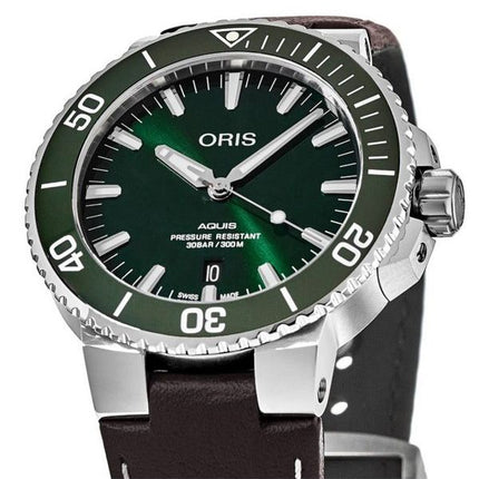 Oris Aquis Date Lederarmband, grünes Zifferblatt, Automatik-Taucheruhr 01 733 7732 4157-07 5 21 10FC 300M Herrenuhr