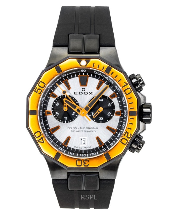 Edox Delfin The Original Chronograph Kautschukarmband Silbernes Zifferblatt Quarz Taucheruhr 10112-37GNOCA-ANO 200M Herrenuhr
