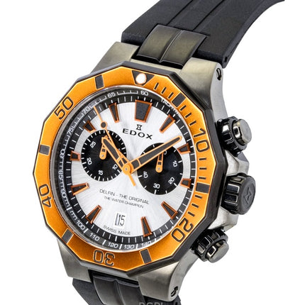 Edox Delfin The Original Chronograph Kautschukarmband Silbernes Zifferblatt Quarz Taucheruhr 10112-37GNOCA-ANO 200M Herrenuhr