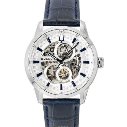 Bulova Herrenuhr mit Sutton-Lederarmband, silbernem Skelett-Automatikwerk, Modell 96A330