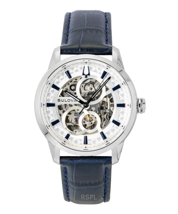 Bulova Herrenuhr mit Sutton-Lederarmband, silbernem Skelett-Automatikwerk, Modell 96A330