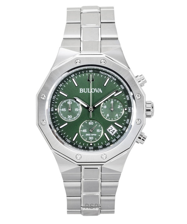 Bulova Octagon Prestige Chronograph Edelstahl Grünes Zifferblatt Quarz 96B409 100M Herrenuhr