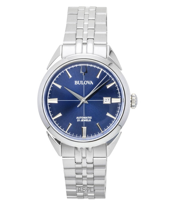 Bulova Sutton Herrenuhr aus Edelstahl mit blauem Zifferblatt und Automatikwerk 96B425