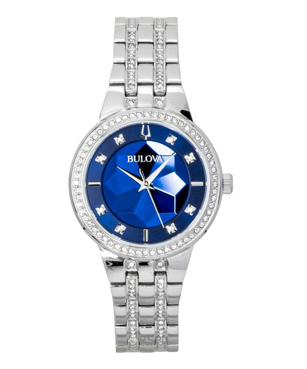 Bulova Phantom Crystal Damenuhr aus Edelstahl mit blauem Zifferblatt und Quarzwerk (Modell 96L276)