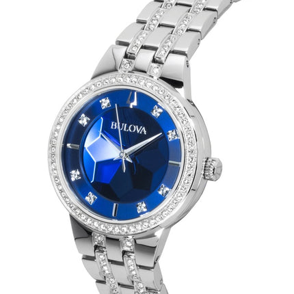 Bulova Phantom Crystal Damenuhr aus Edelstahl mit blauem Zifferblatt und Quarzwerk (Modell 96L276)
