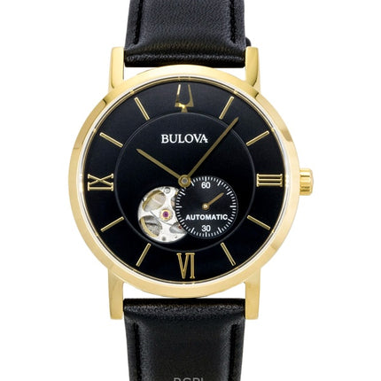 Bulova American Clipper Herrenuhr mit Lederarmband, offenem Herzmotiv, schwarzem Zifferblatt, Automatik, Modell 97A154