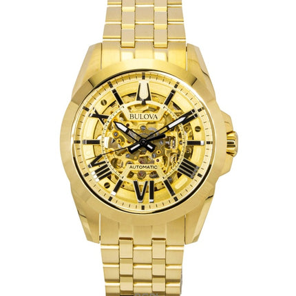 Bulova Sutton Herrenuhr, goldfarben, Edelstahl, skelettiertes Zifferblatt, Automatik, Modell 97A162