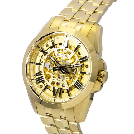 Bulova Sutton Herrenuhr, goldfarben, Edelstahl, skelettiertes Zifferblatt, Automatik, Modell 97A162