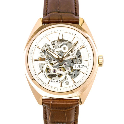Bulova Surveyor Herrenuhr mit Lederarmband, silbernem Skelettzifferblatt, Automatikwerk 97A175
