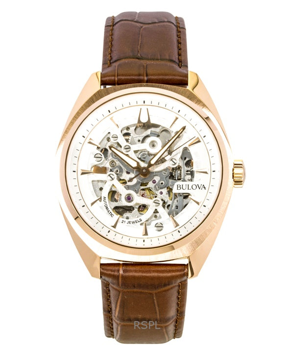 Bulova Surveyor Herrenuhr mit Lederarmband, silbernem Skelettzifferblatt, Automatikwerk 97A175