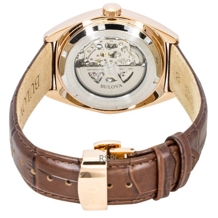 Bulova Surveyor Herrenuhr mit Lederarmband, silbernem Skelettzifferblatt, Automatikwerk 97A175