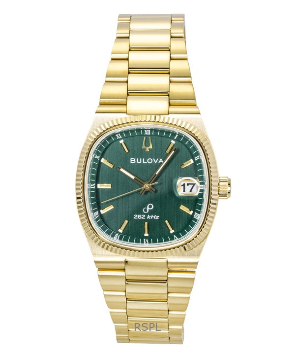 Bulova Super Seville Herrenuhr, goldfarben, Edelstahl, grünes Zifferblatt, Quarzwerk, 97B237