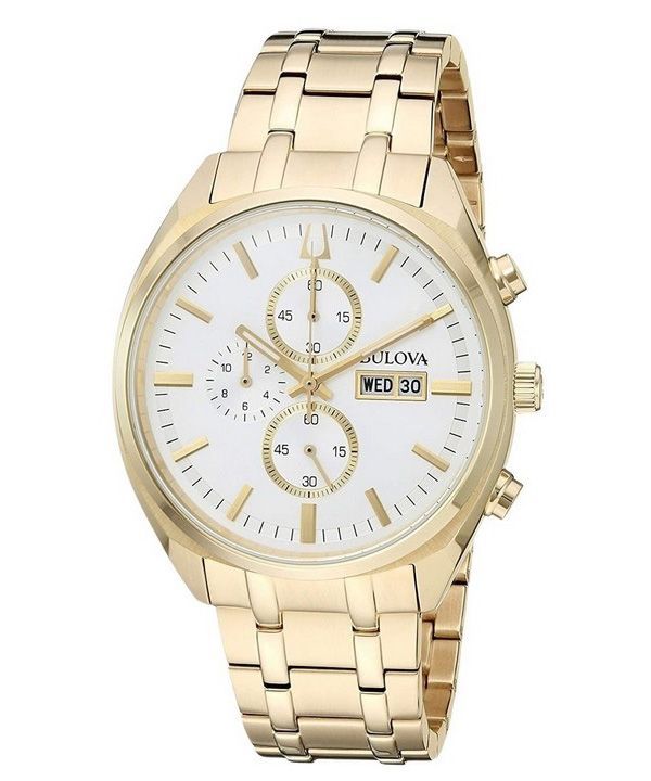 Bulova Surveyor Chronograph, goldfarbener Edelstahl, silbernes Zifferblatt, Quarz 97C109, Herrenuhr