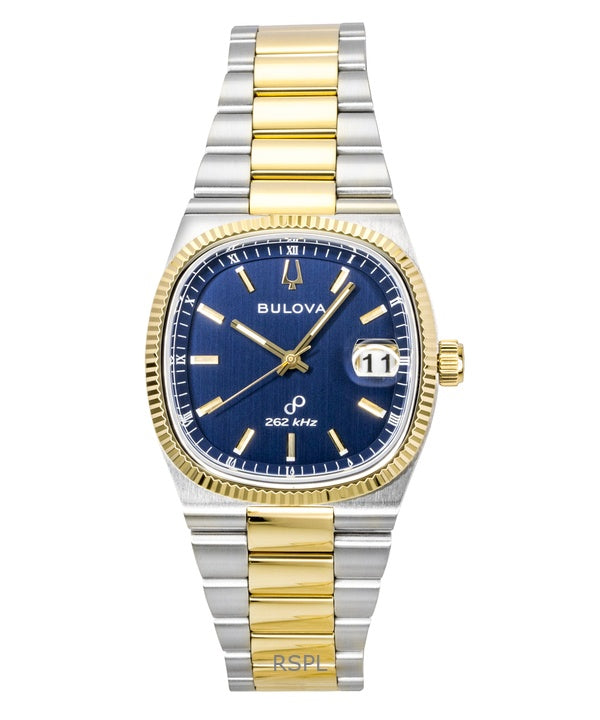 Bulova Super Seville Zweifarbige Herrenuhr aus Edelstahl mit blauem Zifferblatt und Quarzwerk (Modell 98B462)