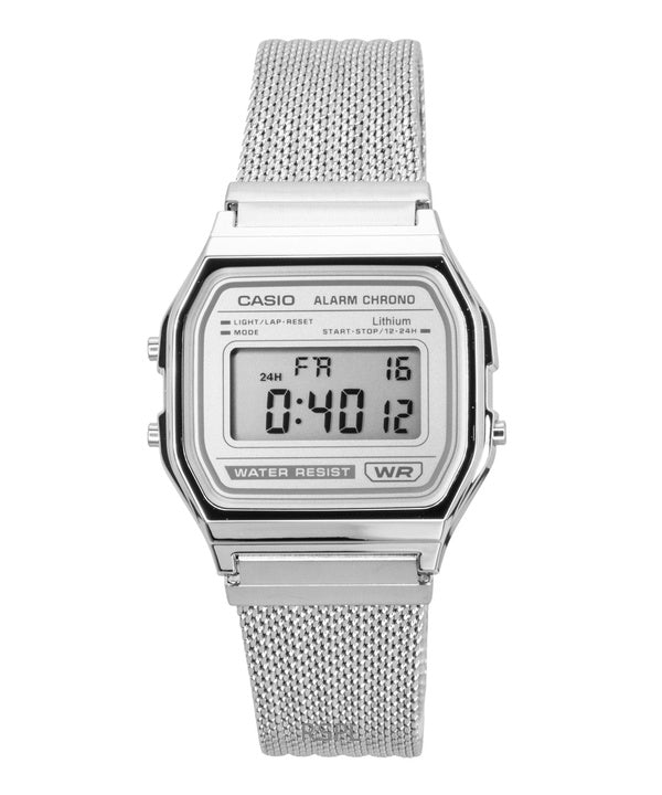 Casio Vintage Digitaluhr aus Edelstahl-Mesh-Armband, Quarzwerk, A158WEM-7, Unisex