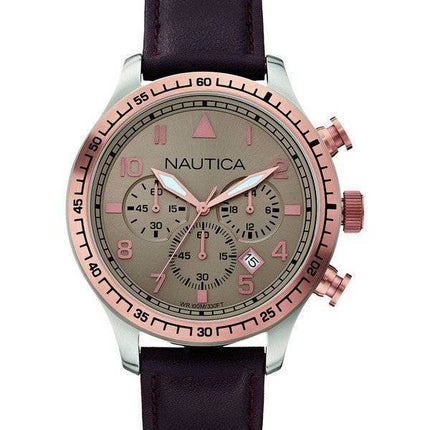 Nautica Chronograph grau Zifferblatt braun Leder Armband A17656G Herrenuhr