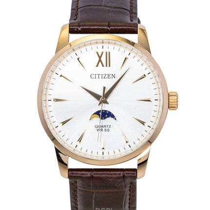 Citizen Herrenuhr mit Mondphasenanzeige, braunem Lederarmband, silbernem Zifferblatt und Quarzwerk, Modell AK5003-05A