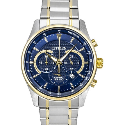 Citizen Chronograph Zweifarbige Edelstahluhr mit blauem Zifferblatt, Quarzwerk AN8194-51L, wasserdicht bis 100 m, Herrenuhr