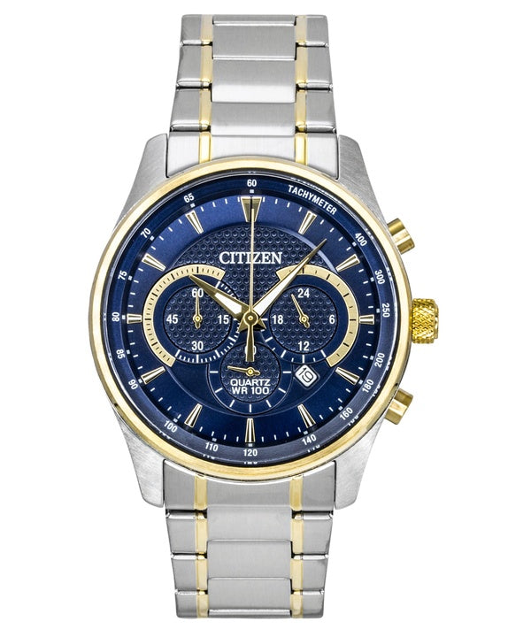 Citizen Chronograph Zweifarbige Edelstahluhr mit blauem Zifferblatt, Quarzwerk AN8194-51L, wasserdicht bis 100 m, Herrenuhr