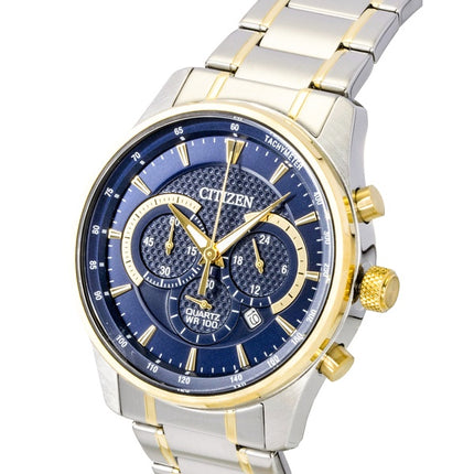Citizen Chronograph Zweifarbige Edelstahluhr mit blauem Zifferblatt, Quarzwerk AN8194-51L, wasserdicht bis 100 m, Herrenuhr
