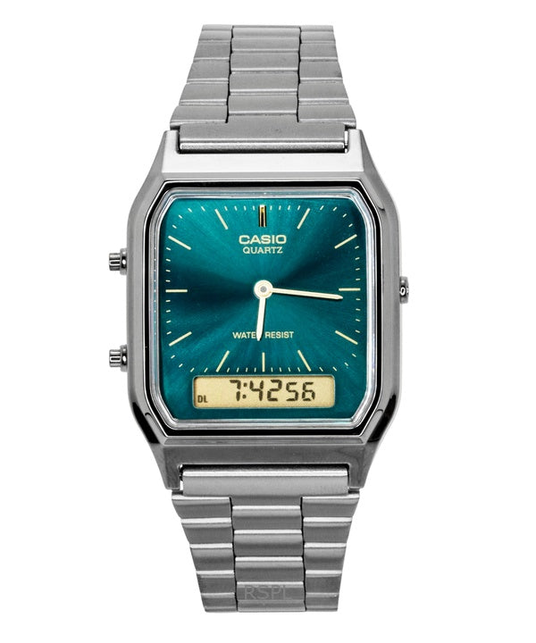 Casio Vintage Analog Digital Edelstahl Grünes Zifferblatt Quarz AQ-230EGG-3A Unisex-Uhr