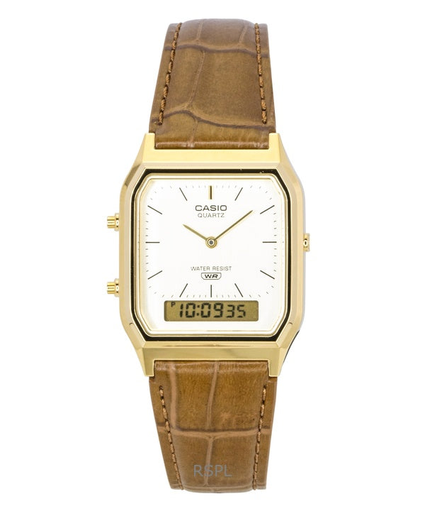Casio Vintage Analog Digital Lederarmband Gold Zifferblatt Quarz AQ-230EGL-9A Unisex-Uhr