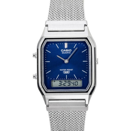 Casio Vintage Analog Digital Edelstahl-Mesh-Armband Blaues Zifferblatt Quarz AQ-230EM-2A Unisex-Uhr