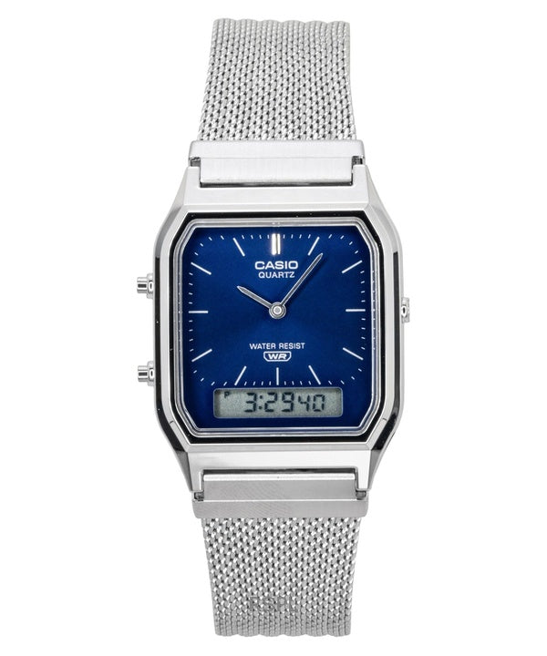 Casio Vintage Analog Digital Edelstahl-Mesh-Armband Blaues Zifferblatt Quarz AQ-230EM-2A Unisex-Uhr