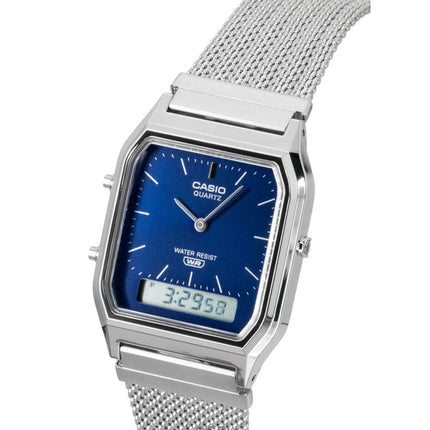 Casio Vintage Analog Digital Edelstahl-Mesh-Armband Blaues Zifferblatt Quarz AQ-230EM-2A Unisex-Uhr