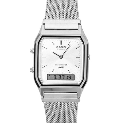 Casio Vintage Analog Digital Edelstahl-Mesh-Armband Silbernes Zifferblatt Quarz AQ-230EM-7A Unisex-Uhr