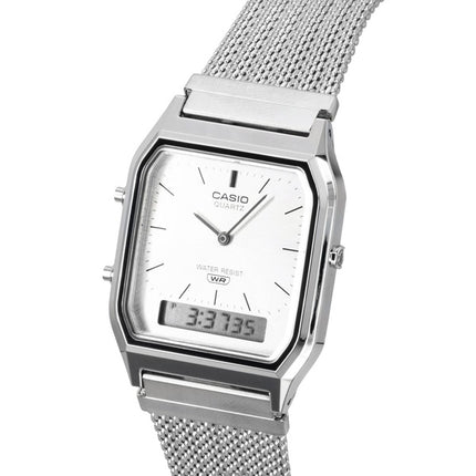 Casio Vintage Analog Digital Edelstahl-Mesh-Armband Silbernes Zifferblatt Quarz AQ-230EM-7A Unisex-Uhr