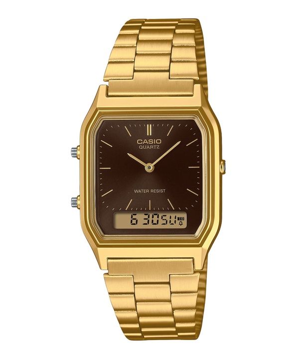Casio Vintage Analog-Digital-Uhr, goldfarben, Edelstahl, braunes Zifferblatt, Quarz, AQ-230GA-5A, Unisex