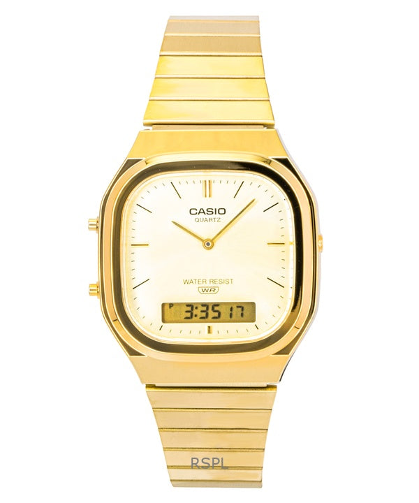 Casio Vintage Analog Digital Goldfarbene Edelstahl Gold Zifferblatt Quarz AQ-240EG-9A Unisex-Uhr