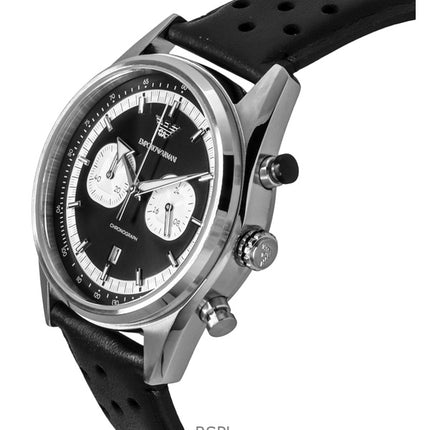 Emporio Armani Chronograph Lederarmband Schwarzes Zifferblatt Quarz AR11635 Herrenuhr
