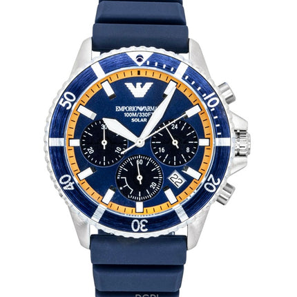 Emporio Armani World Explorer Chronograph Silikonarmband Blaues Zifferblatt Solar AR11696 100M Herrenuhr