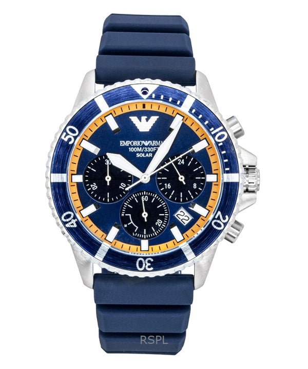 Emporio Armani World Explorer Chronograph Silikonarmband Blaues Zifferblatt Solar AR11696 100M Herrenuhr