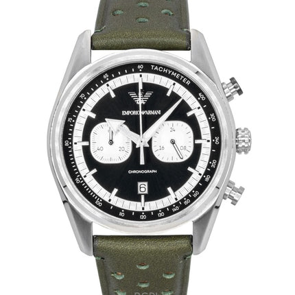 Emporio Armani Chronograph Herrenuhr mit grünem Lederarmband, schwarzem und silbernem Zifferblatt und Quarzwerk, AR11709