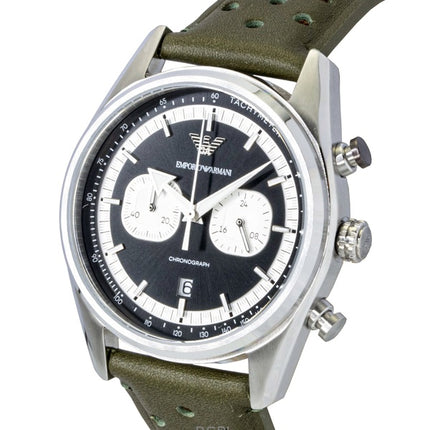 Emporio Armani Chronograph Herrenuhr mit grünem Lederarmband, schwarzem und silbernem Zifferblatt und Quarzwerk, AR11709