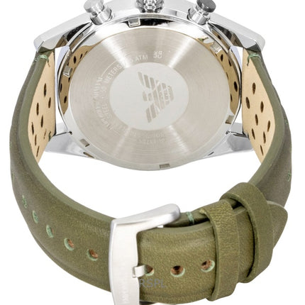 Emporio Armani Chronograph Herrenuhr mit grünem Lederarmband, schwarzem und silbernem Zifferblatt und Quarzwerk, AR11709