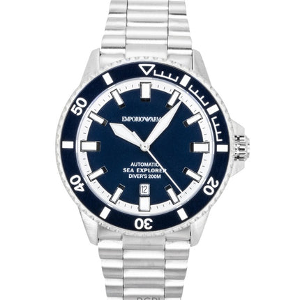 Emporio Armani Sea Explorer Edelstahl Taucheruhr mit blauem Zifferblatt, Automatik, AR60087, 200 m, Herrenuhr