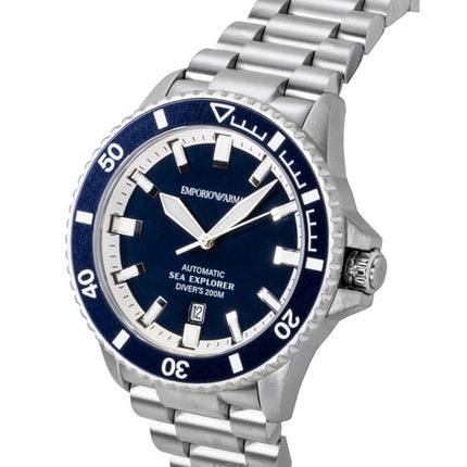 Emporio Armani Sea Explorer Edelstahl Taucheruhr mit blauem Zifferblatt, Automatik, AR60087, 200 m, Herrenuhr