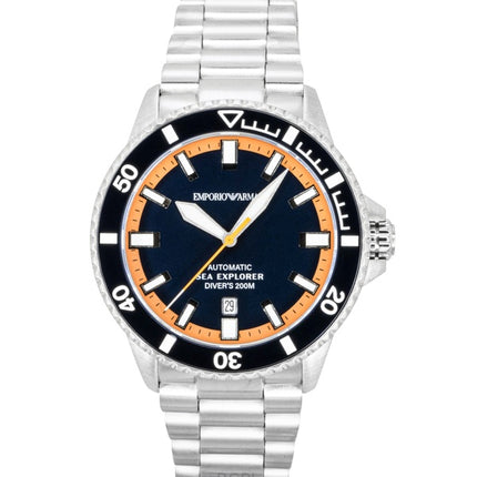 Emporio Armani Sea Explorer Edelstahl Taucheruhr mit blauem Zifferblatt, Automatik, AR60090, 200 m, Herrenuhr