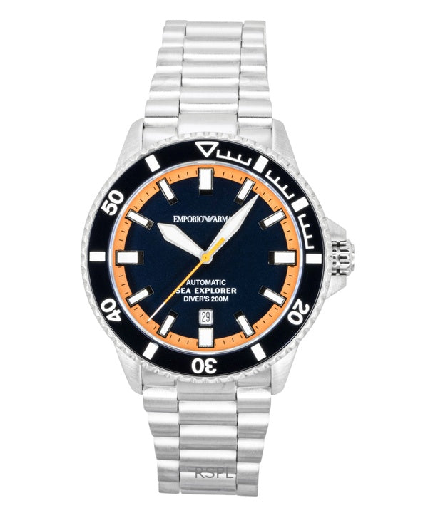 Emporio Armani Sea Explorer Edelstahl Taucheruhr mit blauem Zifferblatt, Automatik, AR60090, 200 m, Herrenuhr