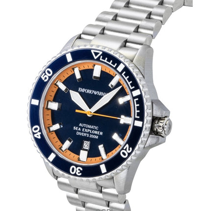 Emporio Armani Sea Explorer Edelstahl Taucheruhr mit blauem Zifferblatt, Automatik, AR60090, 200 m, Herrenuhr