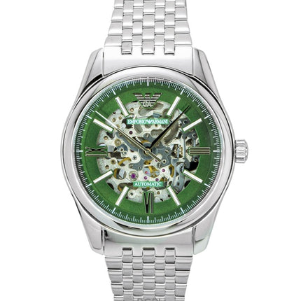 Emporio Armani Herrenuhr aus Edelstahl mit grünem Skelett-Zifferblatt und Automatikwerk AR60091