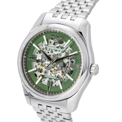 Emporio Armani Herrenuhr aus Edelstahl mit grünem Skelett-Zifferblatt und Automatikwerk AR60091