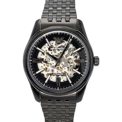 Emporio Armani Herrenuhr aus Edelstahl mit schwarzem Skelettzifferblatt und Automatikwerk AR60093