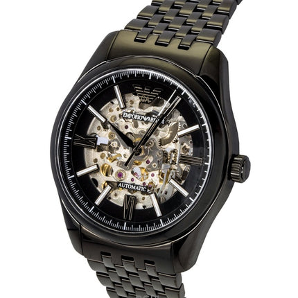 Emporio Armani Herrenuhr aus Edelstahl mit schwarzem Skelettzifferblatt und Automatikwerk AR60093