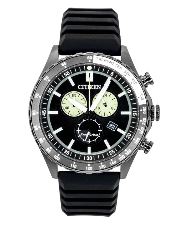Citizen Eco-Drive Chronograph Herrenuhr mit Silikonarmband, schwarzem Zifferblatt, Solarbetrieb, AT2565-05E, wasserdicht bis 100 m